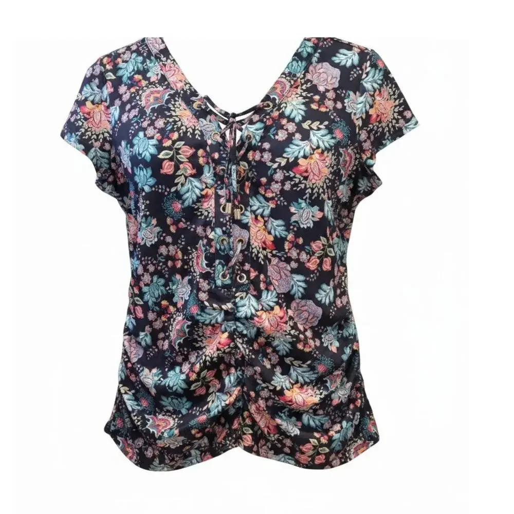 Thomas & Olivia Boho Multicolor Floral Ruched V-Neck Lace-Up Top NWOT  Medium